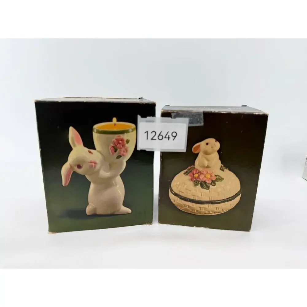 Vintage Avon Easter Bunny Candle Holder Trinket Box Brazil 1981 1982 Set